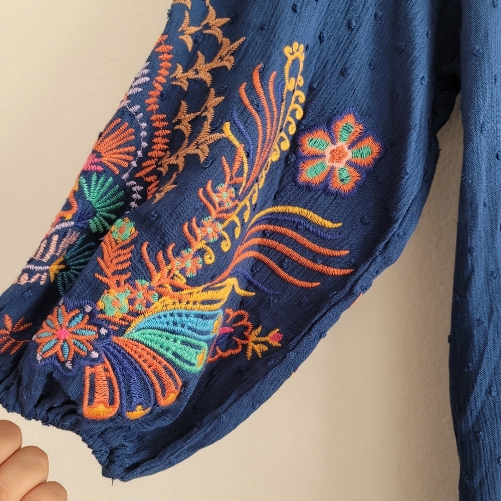NEW Embroidered Floral V-Neck Balloon Sleeve Shirt Blue Swiss Dot Boho Hippie - Picture 5 of 11